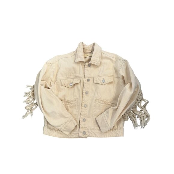 Blanknyc Cream Rope Fringe Macrame Denim Trucker Jacket S Boho Festival Grunge - Picture 2 of 10